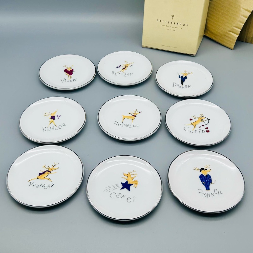 Pottery Barn Reindeer Coasters 9 Piece Set with Box